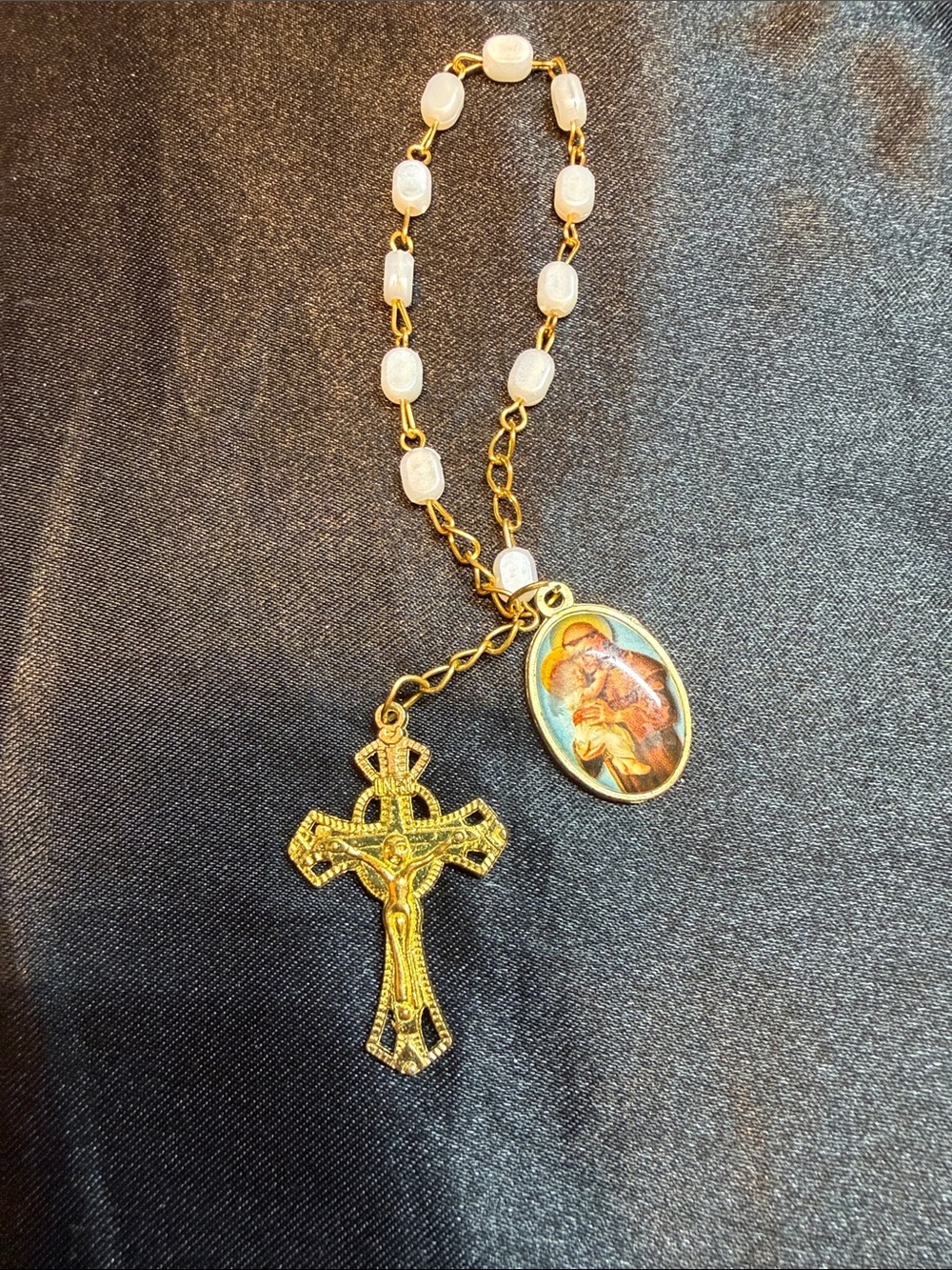 Gold-Tone Rosary bracelet with White Beads and Religious Medal